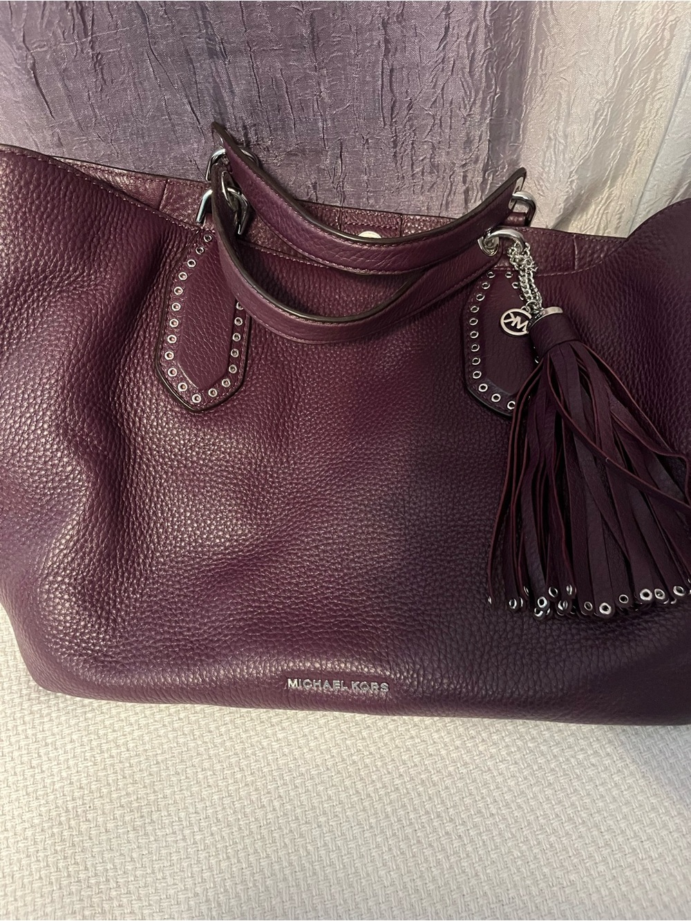 Michael Kors Plum Leather Tote with Tassel Charm